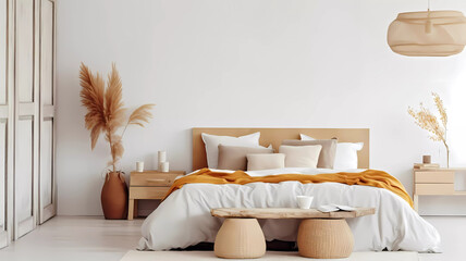 Bedroom interior in natural bright colors. Generative ai design concept.