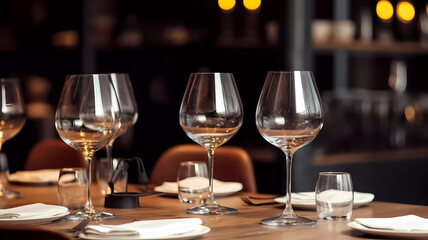 Restaurant table with wine glasses. Generative ai design concept.