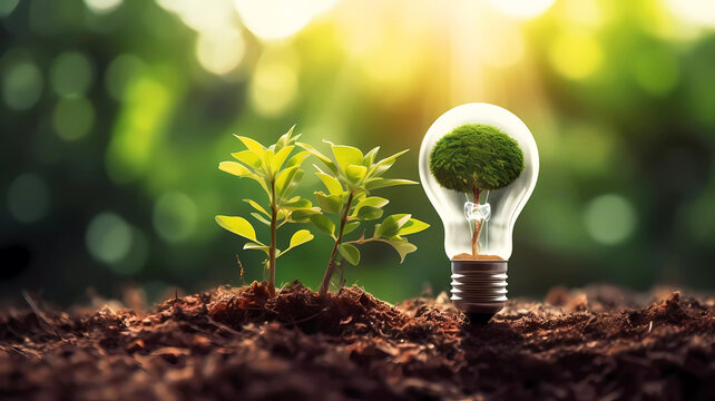 Tree grwoing in light bulb in nature. Generative ai.