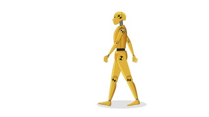 Robot walking back and forth on white and green backgrounds.