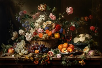 A still life painting featuring flowers and fruit on a table - obrazy, fototapety, plakaty