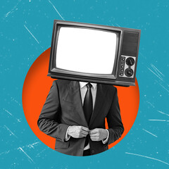 Business man with retro TV instead of head on blue background, surrealism