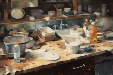 A messy kitchen counter with dishes