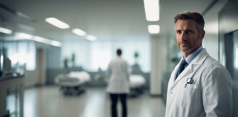 Naklejka na ściany i meble A doctor in a white coat in front of a hospital. Generative AI.