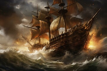 An ancient pirate galleon battles fierce waves on the high seas during a tempestuous storm. Generative AI - obrazy, fototapety, plakaty