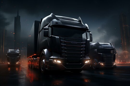Modern 3D trucks on black, futuristic backdrop. Generative AI