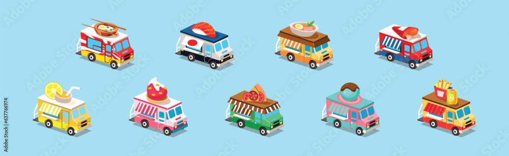 Poster Street Food Trucks and Vehicles Isometric Icons Vector Set