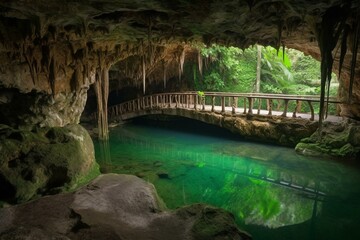 A bridge made of stone stretches over beautiful emerald ponds inside an ancient cave. Generative AI