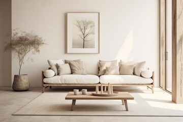 Cozy minimalist Scandinavian interior design with neutral colors and natural materials - AI Generated