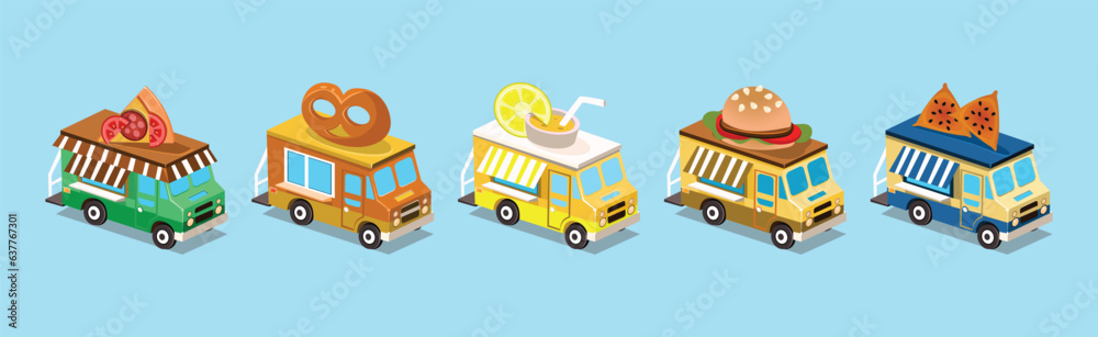 Sticker street food trucks and vehicles isometric icons vector set