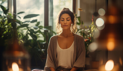 Young woman practicing guided meditation at home for mental health - AI Generated - obrazy, fototapety, plakaty