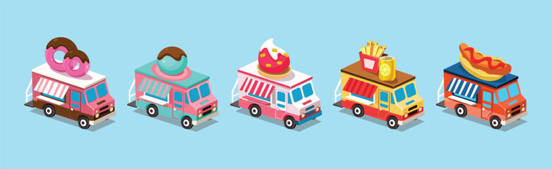 Street Food Trucks and Vehicles Isometric Icons Vector Set