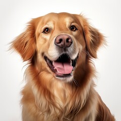 A Golden Retriever dog close up on a white background created with Generative AI technology
