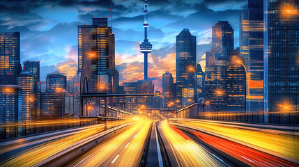 Fototapeta na wymiar The motion blur of a busy urban highway during the evening rush hour. The city skyline serves as the background, illuminated by a sea of headlights and taillights.