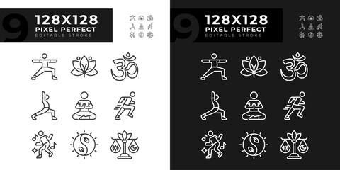 Pixel perfect light and dark mode icons representing meditation, editable thin line wellness illustration set. - obrazy, fototapety, plakaty