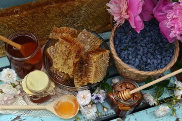 Still life with natural honey in jar, honeycomb cut in pieces and honeysuckle berry with peony on...