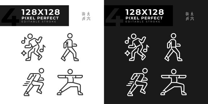 Pixel perfect light and dark mode icons set of fitness, editable thin line wellness illustration.