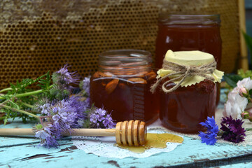 Still life with natural honey in jar, flowers and stick against background of honeycomb in frame outside. Countryside summer rural background, vintage concept, healthy food