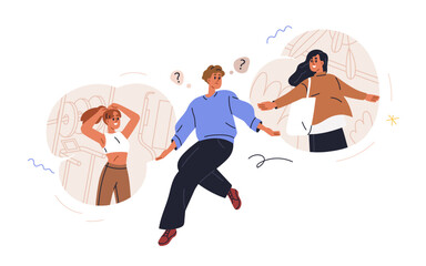 Puzzled man choosing love partner, comparing two girls. Girlfriend choice problem concept. Selecting between females for relationships. Flat graphic vector illustration isolated on white background