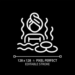 2D pixel perfect editable white hot water bath icon, isolated vector, meditation thin line illustration.