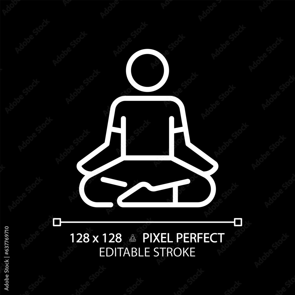 Wall mural 2d pixel perfect editable white lotus position icon, isolated vector, meditation thin line illustrat