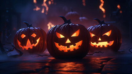 Scary halloween pumpkin head jack lanterns in glowing spooky background