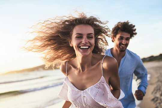 Happy young couple running on beach.  Ai generative.