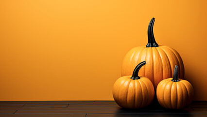 Halloween pumpkins on a orange background with copy space. Halloween concept.