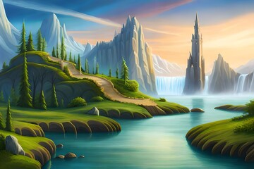 Fantasy landscape with waterfalls, panorama
