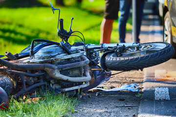 Motocykl - wypadek drogowy z udziałem motocyklisty i samochodu osobowego.  - obrazy, fototapety, plakaty