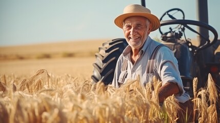 Old farmer mowing wheat in the field smiling
