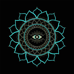 Floral mandala with evil eye in the center. Hand-drawn vector illustration isolated on black background.