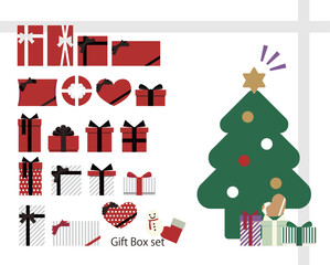 クリスマスツリーとプレゼントのイラスト　（色々なギフトボックスのセット）