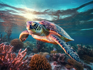 Fototapeta premium Sea turtle swims under blue water