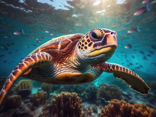 Sea turtle swims under blue water