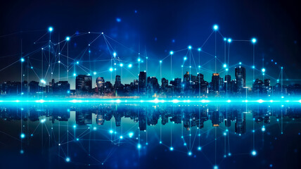 Fototapeta premium Skyline von einem Smart City und Datenvisualisierung, generiert mit KI