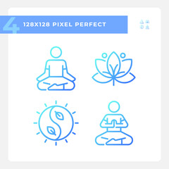 2D pixel perfect gradient icons set representing meditation, blue thin line wellness illustration.