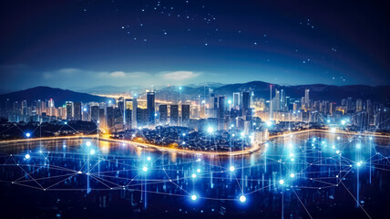 Fototapeta premium Skyline von einem Smart City und Datenvisualisierung, generiert mit KI