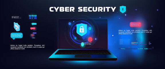 Cyber security concept. Laptop with protection against, viruses and cyber hacking personal data. Safe Internet. Laptop with protective shield. Reliable security your data