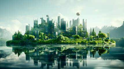 Modern futuristic city with a skyscrapers and green forest lush