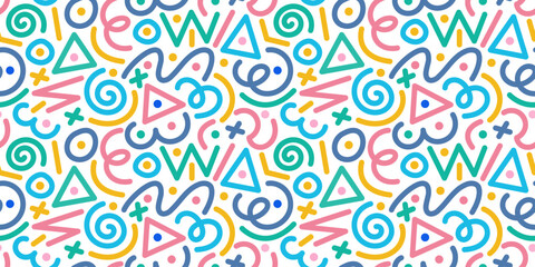 Fun colorfula bstract line doodle shape set. Creative minimalist style art symbol collection for children or party celebration with modern shapes. Simple upbeat childish drawing scribble decoration.