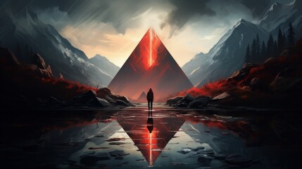 Sci-fi fantasy scene, man standing in the middle of mystical place - obrazy, fototapety, plakaty