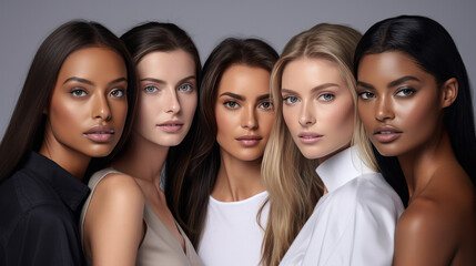Group of five young women in their 20s representing a diversity of skin tones according to their racial make-up, looking at camera in a professional shot on studio background 