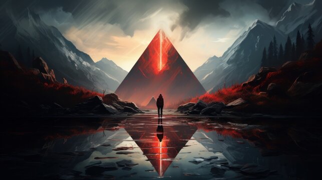 Sci-fi fantasy scene, man standing in the middle of mystical place