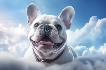 Super cute french bulldog, surreal style, in the clouds. Generative AI. - obrazy, fototapety, plakaty