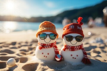 Two Sandy Christmas Snowmen are celebrating Christmas on a beautiful beach. Generative AI. - obrazy, fototapety, plakaty