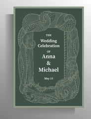 Wedding invitation design. Elegant vector template with decorative hand-drawn frame.