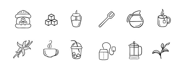 Sugar line icon. Tea, kettle, coffee, latte, cup, cane, ice, drink. Vector black line icon on white background for Business