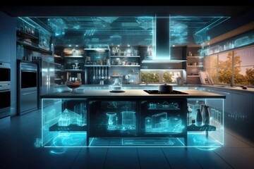 3d rendering of a modern kitchen with black countertop and a glass door, A smart kitchen interior with glowing network connections, digital technology hologram, AI Generated