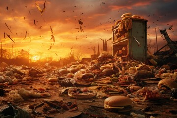 Burger and other junk food left on the ground at sunset. grotesque scene of food getting tossed around in an urban environment, AI Generated